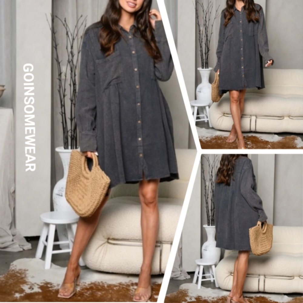 Black Tunic Wash Long Sleeve Button up Mini Dress Sizes: Small Medium Large
